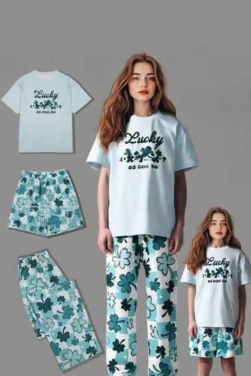 Light Blue Printed Short Sleeve Matching Family Pajamas